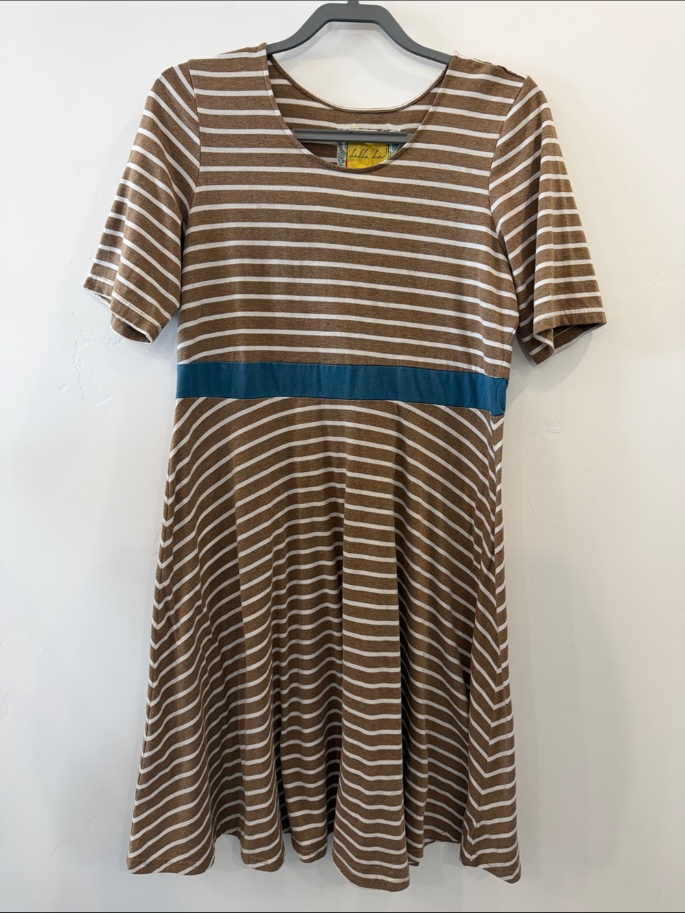 LuLaRoe Brown & White Striped Dress with Blue Waistband
